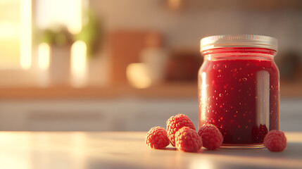 Raspberry Jam on Kitchen Counter.  A jar of homemade raspberry jam with fresh raspberries displayed against a blurred kitchen backdrop.
