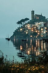 Fototapeta premium Serene lakeside village with reflections in calm water.