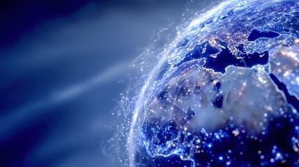 Illuminated globe with network connections on a blue background.