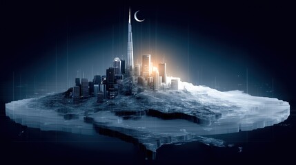 Fototapeta premium Futuristic cityscape with glowing skyline and abstract design.