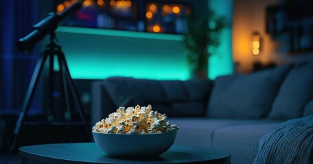 Bowl of popcorn on a round table in front of a cozy gray sofa in a softly lit living room with blue and orange ambient lighting and a telescope in the background