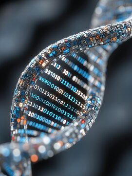 Abstract digital DNA helix with binary code representation.