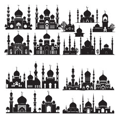 set of black various mosque vector silhouettes isolated on white background