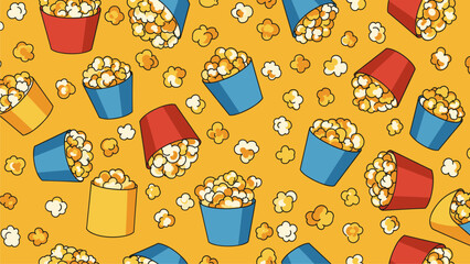 Delicious Popcorn Seamless Pattern: Yellow Background with Colorful Buckets
