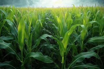 Vibrant green cornfield with tall healthy plants stretching towards a bright sky, evoking growth and natural abundance