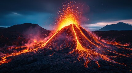 Dramatic volcanic eruption with fiery lava flows.
