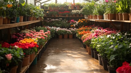 Colorful floral displays inside a greenhouse nursery.