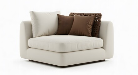 Fototapeta premium Modern Off-White Sectional Sofa with Brown Pillows: Minimalist Design