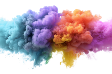 A set of powerful multicolored smoke explosions in balanced rainbow display, isolated on a transparent background