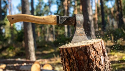 Axe in Wood: A powerful axe embedded in a tree stump, set against the backdrop of a sun-dappled forest, symbolizing strength, labor, and the essence of natural resources.