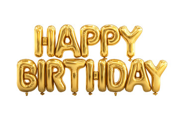 A set of realistic golden balloon 3D Happy Birthday lettering with party spark, isolated on a transparent background