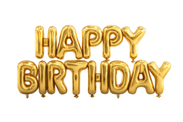 A set of realistic golden balloon 3D Happy Birthday lettering with party spark, isolated on a transparent background