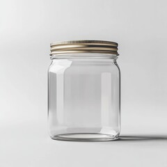 Empty transparent glass jar with metallic lid isolated on a plain gray background perfect for storage containers and product presentation