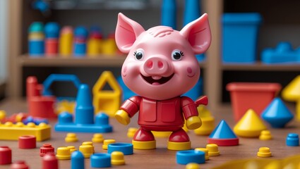 Obraz premium Colorful playful piglet crafted from plastic building blocks
