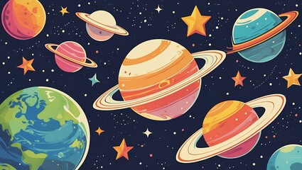 Colorful vintage space artwork with retro cartoon planets