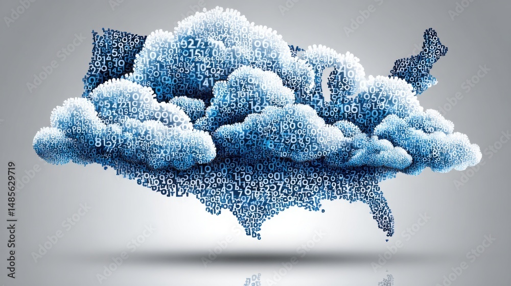 Poster a unique cloud formed from binary code illustrating the intersection of technology and nature in a c