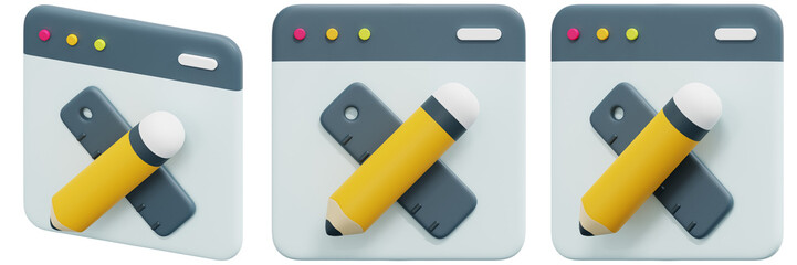 Set of 3D Illustration of Pencil and Ruler Crossed Inside a Webpage Icon 3d Render Icon Illustration