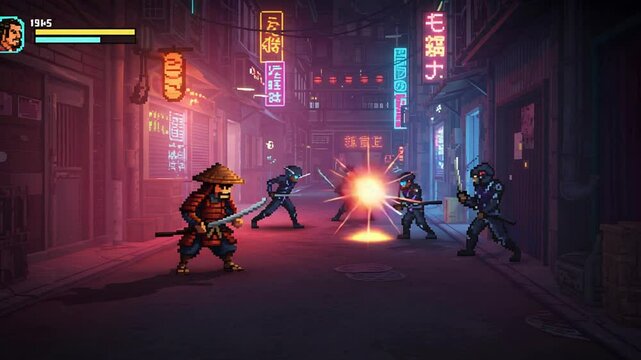 Pixel art samurai warrior confronts ninja clan in neon city alley