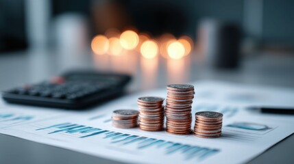 Stacks of coins sit atop a financial chart, accompanied by a calculator, representing investments and growth in business.
