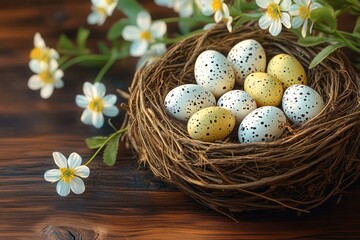 Close-up of a bird's nest with speckled blue and yellow eggs on a wooden surface with delicate white flowers around it, evoking a calm and natural feeling