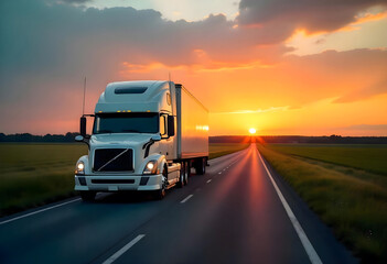 Obraz premium Semi-Truck Driving on Highway at Sunset