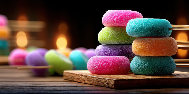 Colorful kusa dango stacked on bamboo skewer with warm bokeh lights in background creating cozy and festive atmosphere
