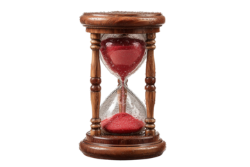 A set of retro pixelated hourglass icons with red sand flowing through wooden frames, isolated on a transparent background