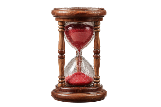 A set of retro pixelated hourglass icons with red sand flowing through wooden frames, isolated on a transparent background