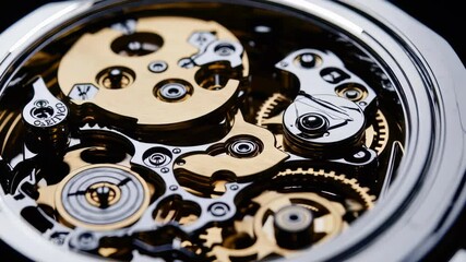 Close-up detailed image of intricate gold and silver gears inside a luxury watch mechanism, concept for watchmaking, precision engineering, and luxury brand advertising