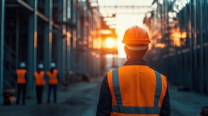Worker in orange safety vest and helmet standing at a construction site during sunset with three other workers in the background