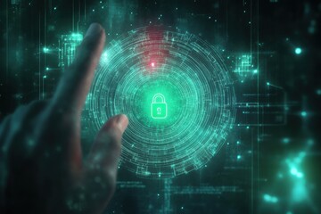 Digital Security Abstract Green Padlock Futuristic Technology Interface Concept Data Hand Glow Touch