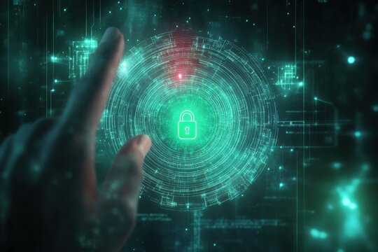 Digital Security Abstract Green Padlock Futuristic Technology Interface Concept Data Hand Glow Touch