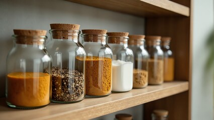 Spice Jars On Wooden Kitchen Shelf