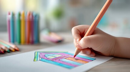 A child's hand uses a colored pencil to draw a colorful house on white paper. Various drawing supplies are visible.
