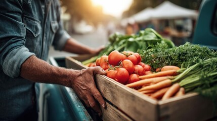 A farmer holds a wooden crate overflowing with fresh, colorful produce at a bustling farmers market, ready to sell.