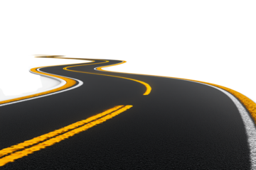 A set of smooth black roads with dashed yellow center lines and white edge stripes, isolated on a transparent background