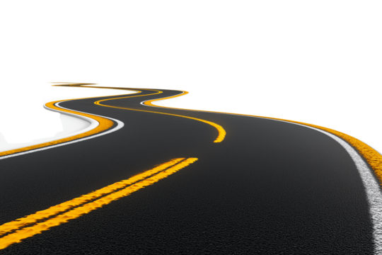 A set of smooth black roads with dashed yellow center lines and white edge stripes, isolated on a transparent background