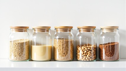 Assorted Seeds And Grains In Glass Jars