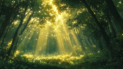 Obraz premium Sunlit Forest Path with Golden Rays