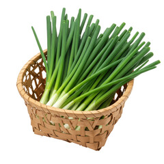 Fresh green onions in a woven basket, showcasing vibrant colors and textures (1)