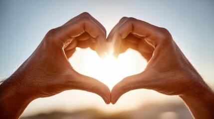 Hands shaped like a heart with the sun shining through, expressing love and affection on a sunny day.