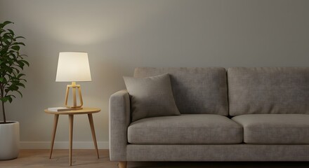 Serene Living Room: Soft Sofa, Wooden Lamp, and Tranquil Ambiance