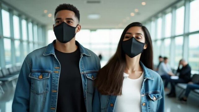 A young African American couple stands close together inside an airport corridor. Both wear black masks and casual denim outfits while preparing for their journey amidst ongoing safety measures.
