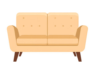 Obraz premium A light beige two-seater sofa with dark brown legs, button tufting, and rounded arms