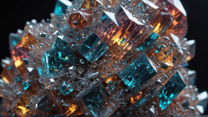 Colorful faceted crystal cluster close up texture
