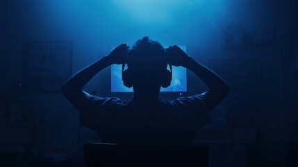 Night Gamer: Silhouette of a person wearing headphones in a dimly lit room, engrossed in a computer screen.  Blue light illuminates the scene, creating a dramatic and immersive atmosphere.