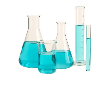 laboratory glassware with blue liquid isolated on transparent or white background PNG