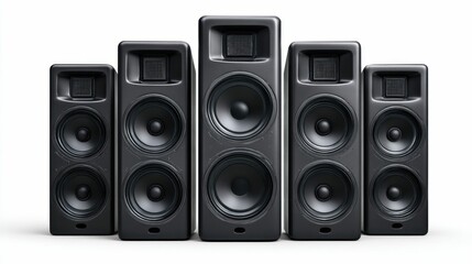 Fototapeta premium A row of five large, sleek black speakers stands in a white background, ready to deliver powerful sound.