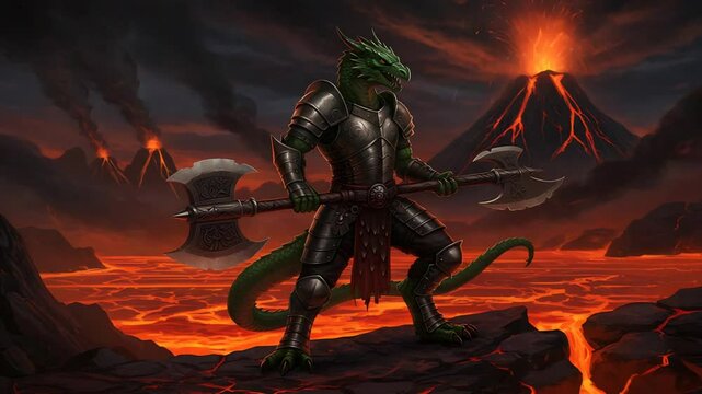 Reptilian armored warrior with double axe in volcanic landscape illustration
