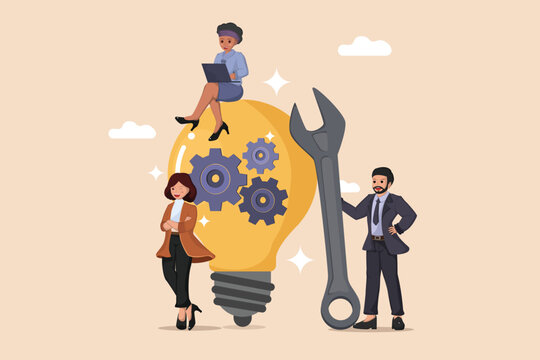 Developing the Bright Idea. A Team Working on a Lightbulb with Gears, Symbolizing Innovation and Progress.